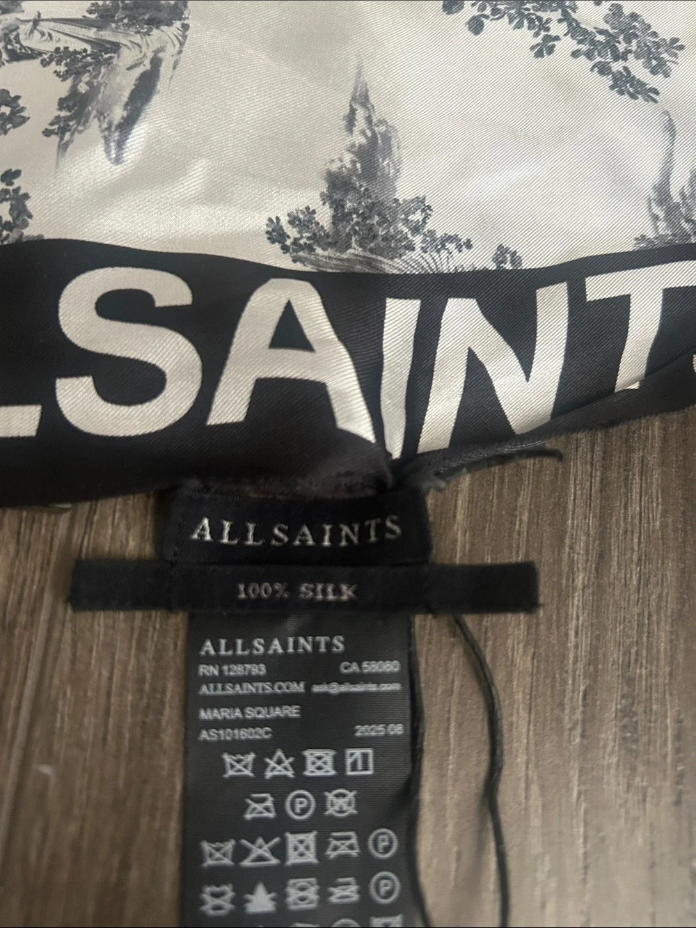 NWT AllSaints Black and White Logo Square Silk Scarf